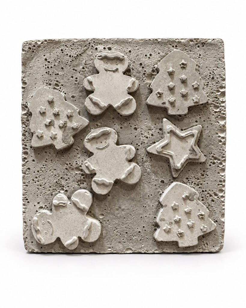 Our Tragic End: Crunchy Cookies/ Burnout/ Family Album/ Suadiye, From the ongoing series Our Tragic End, 2026, Concrete and mixed media, 12 × 12 × 3 cm (each)