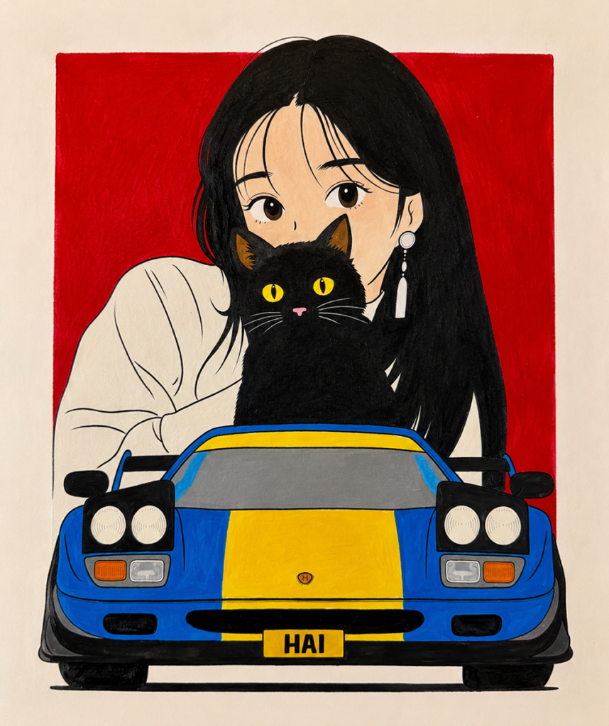 湾岸 – Wangan by Roger Haus, acrylic and felt-tip pen on canvas, 80 × 100 cm, 2026. In a private collection in Italy