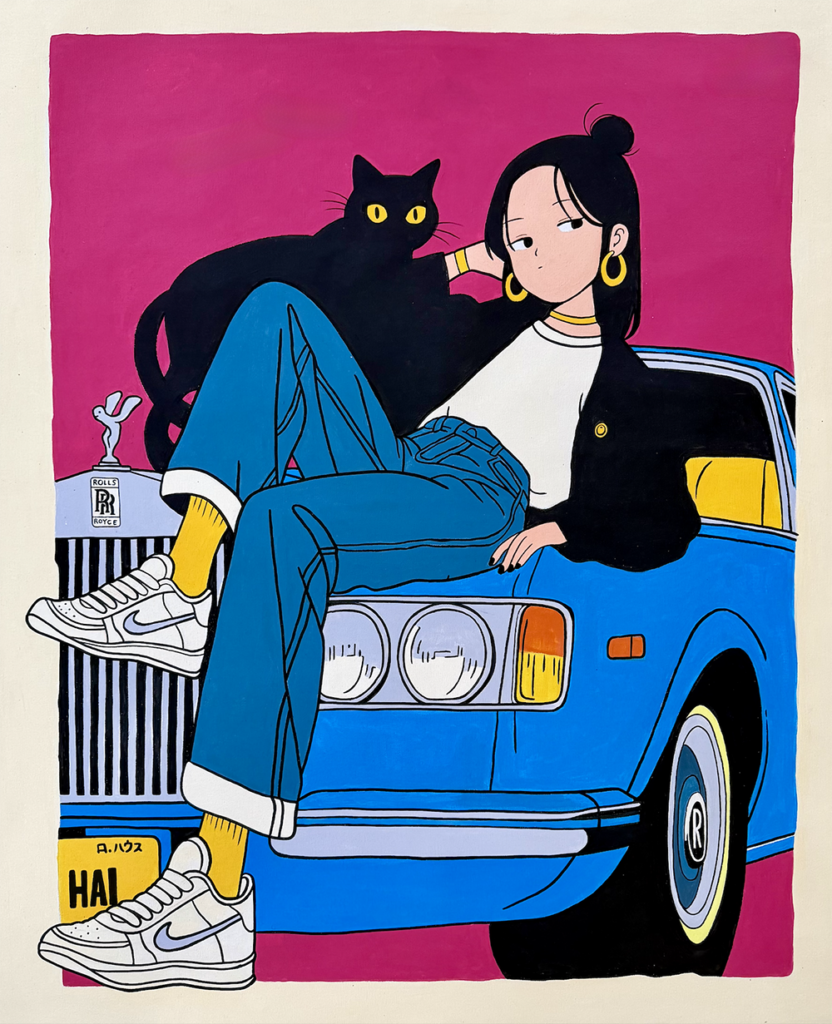 Rolls-Royce by Roger Haus, acrylic and felt-tip pen on canvas, 80 × 100 cm, 2026. In a private collection in Italy