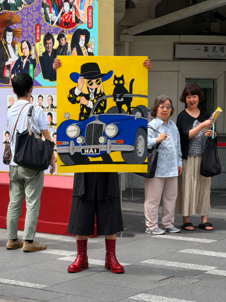 銀座の午後 - An Afternoon in Ginza by Roger Haus, acrylic and felt-tip pen on canvas, 80 × 100 cm, 2026. In a private collection in Italy