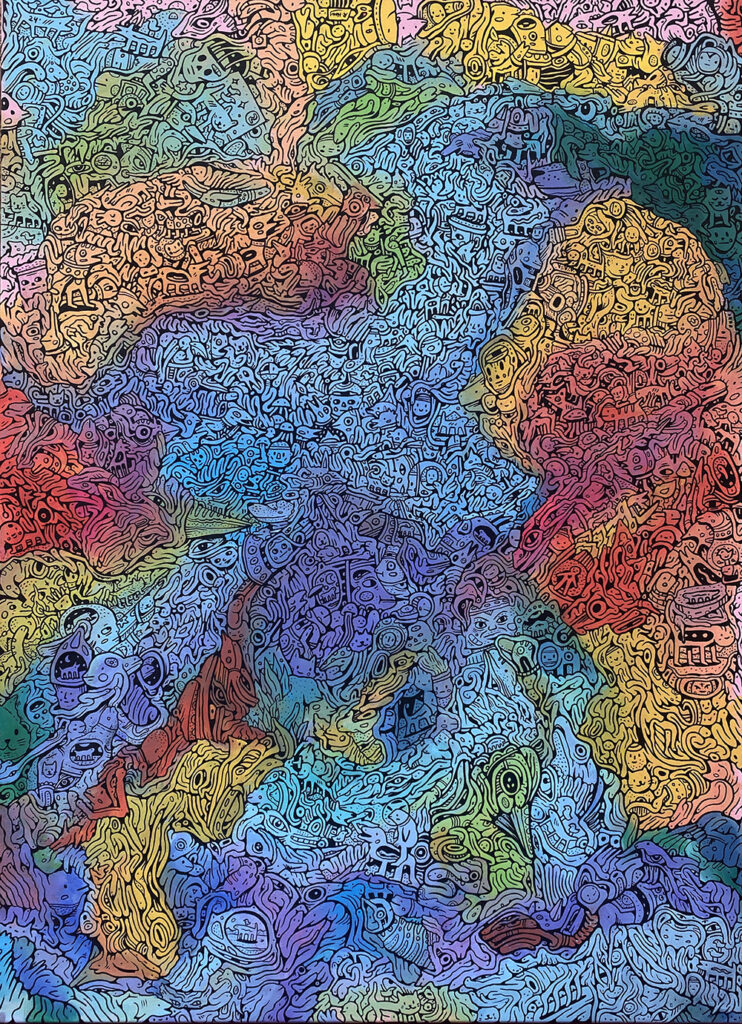 Cat’s Mind by Roger Haus & Anna Dart, acrylic and felt-tip pen on canvas, 73 × 100 cm, 2024. In a private collection in Taiwan