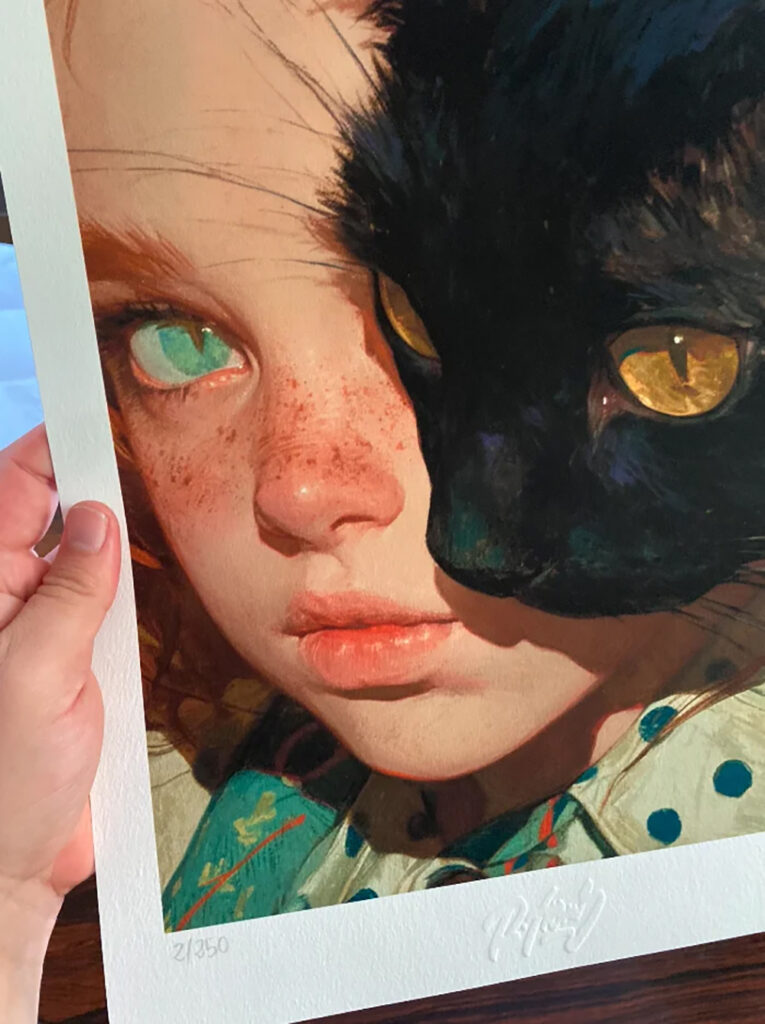 Girl With A Black Cat by Roger Haus, giclée print on paper with a dry seal and a hand signature